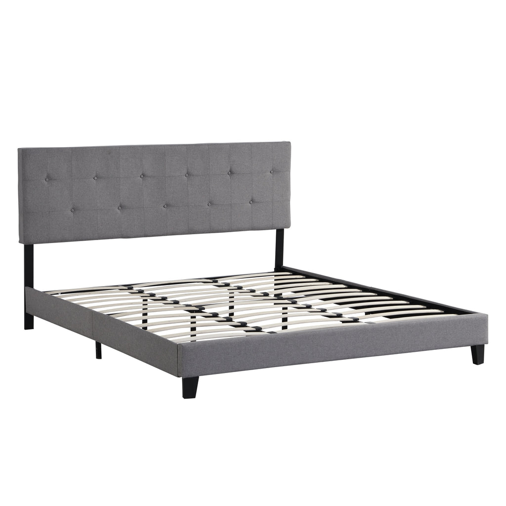 Contemporary King Size Upholstered Platform Bed Frame with Button Tufted Linen Fabric Headboard, Gray, Wood Slat Support