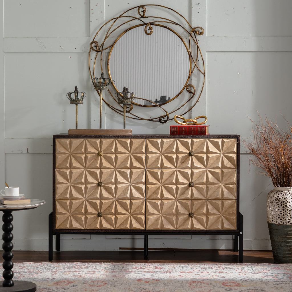 48.21' Mid-Century Modern 6-Drawer Sideboard - Solid Wood & MDF 3D Geometric Diamond Dresser, Buffet Console Table with Black Metal Legs for Living Room/Dining Room