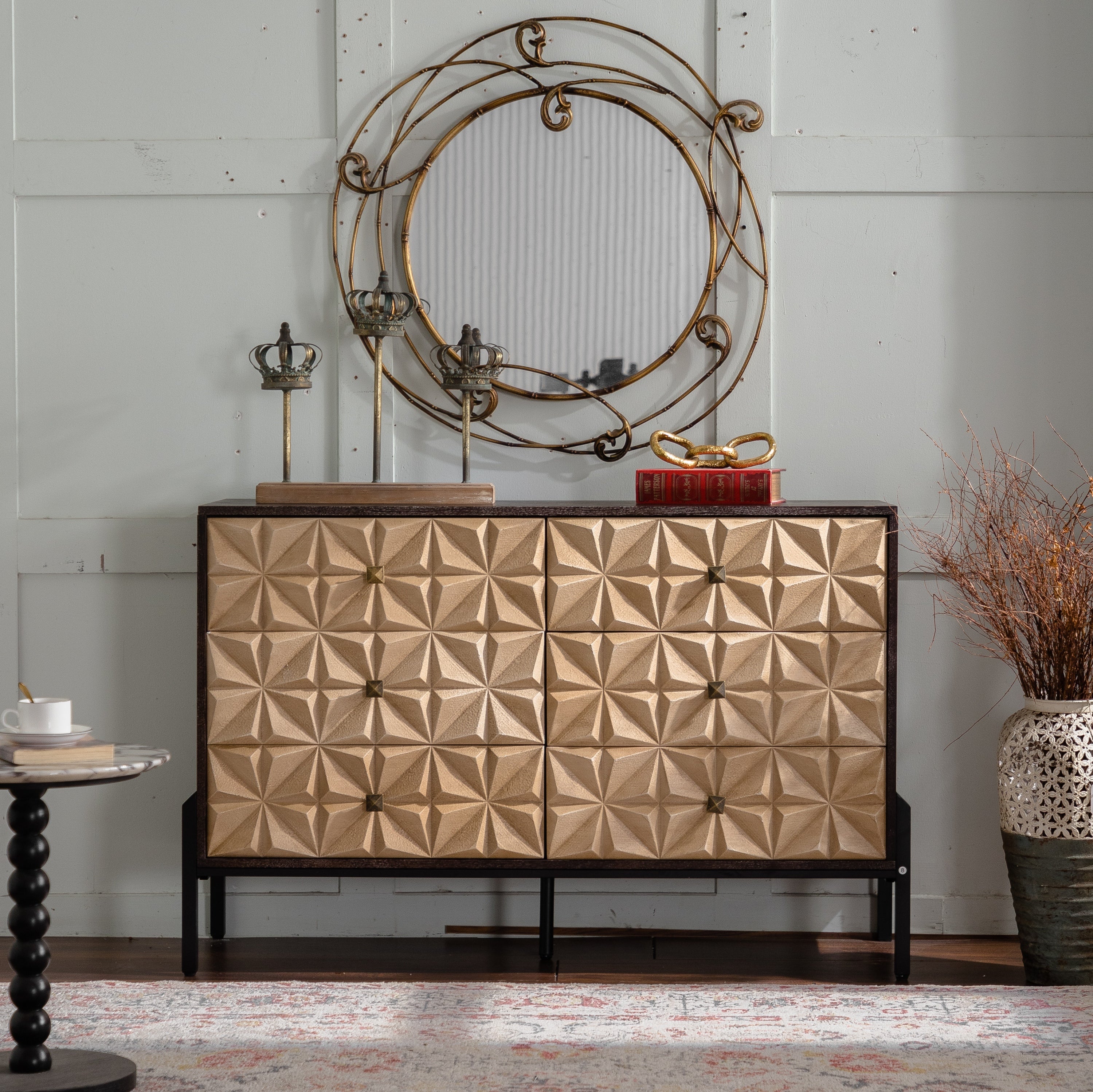 48.21' Mid-Century Modern 6-Drawer Sideboard - Solid Wood & MDF 3D Geometric Diamond Dresser, Buffet Console Table with Black Metal Legs for Living Room/Dining Room
