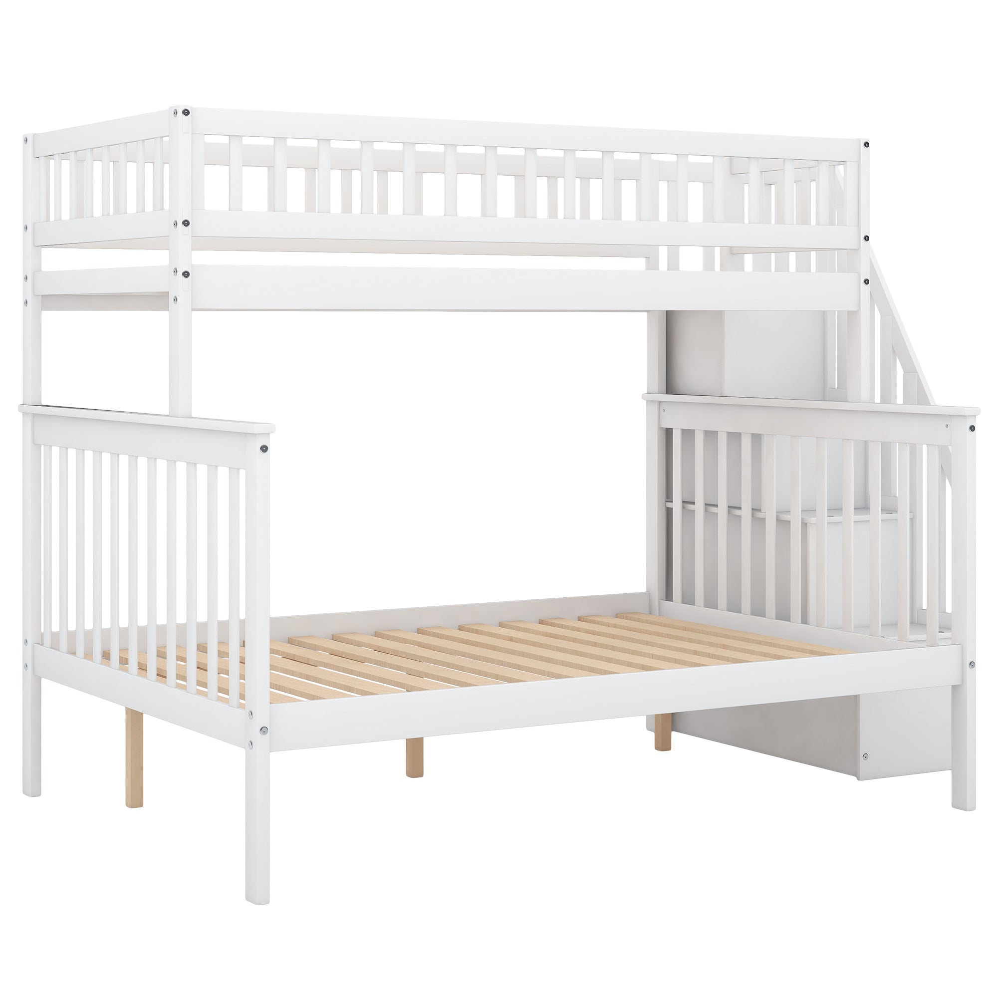 White Twin over Full Stairway Bunk Bed with Storage, Solid Pine Wood, 90.8''L x 57.8''W x 65.3''H