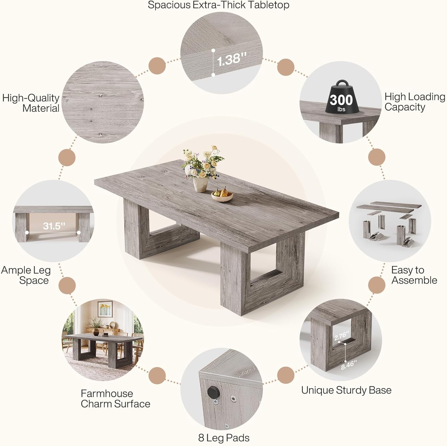 63 Inch Grey Farmhouse Dining Table Geometric Frame