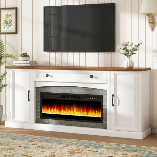 ON-TREND Heating Electric Fireplace TV Stand with Mantel for TVs Up to 70', Farmhouse Console Cabinet with Cable Management, Walnut TV Cabinet with Drawer and Adjustable Shelves for Living Room, White