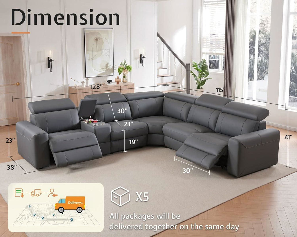 Grey Leather Power Recliner Sofa With Center Console-1