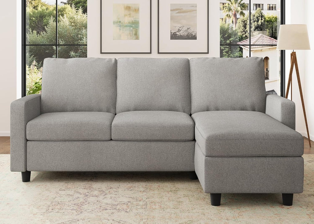 L Shaped Convertible Sectional Sofa Light Grey Linen Fabric-0