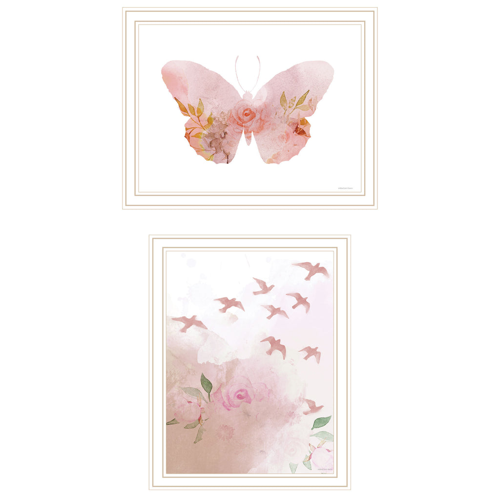 Trendy Decor 4U 2- Piece Vignette Meadow Flora Birds and Butterflies Framed Wall Art for Living Room, Abstract Wall Art Print for Home Decor, Bedroom Wall Art by Bluebird