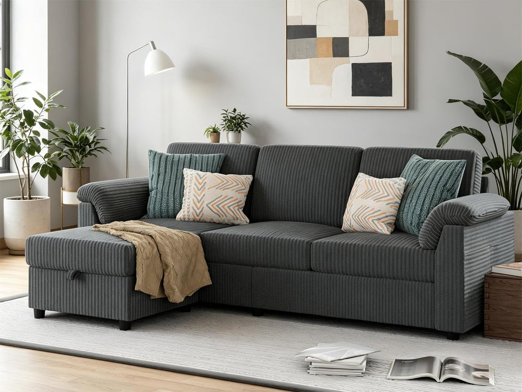 79 Inch Corduroy Upholstered Sectional Sofa Charcoal-0