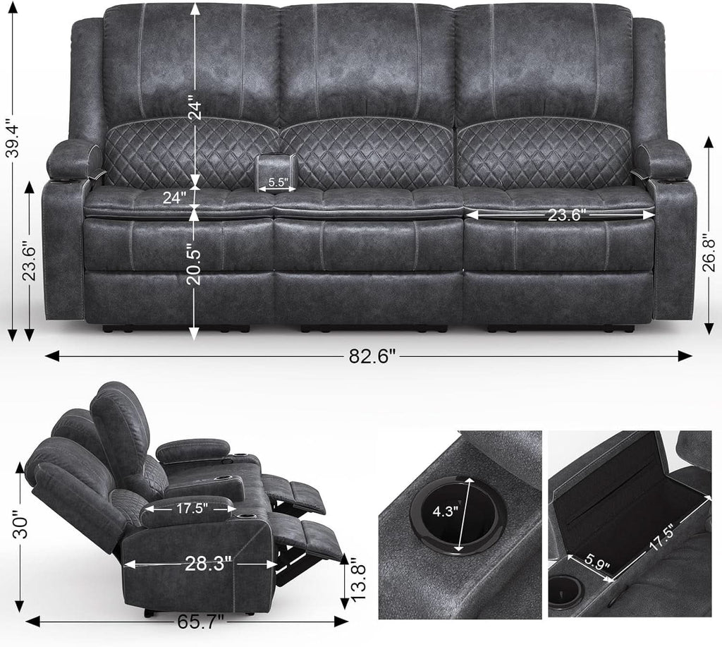 Grey Three Seater Manual Recliner Sofa Modern Living Room-1