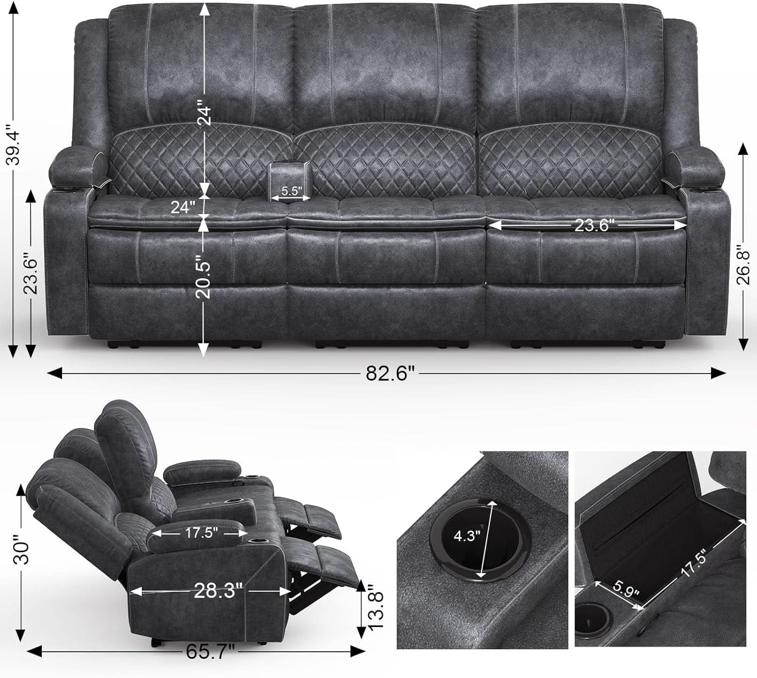 Grey Three Seater Manual Recliner Sofa Modern Living Room-1