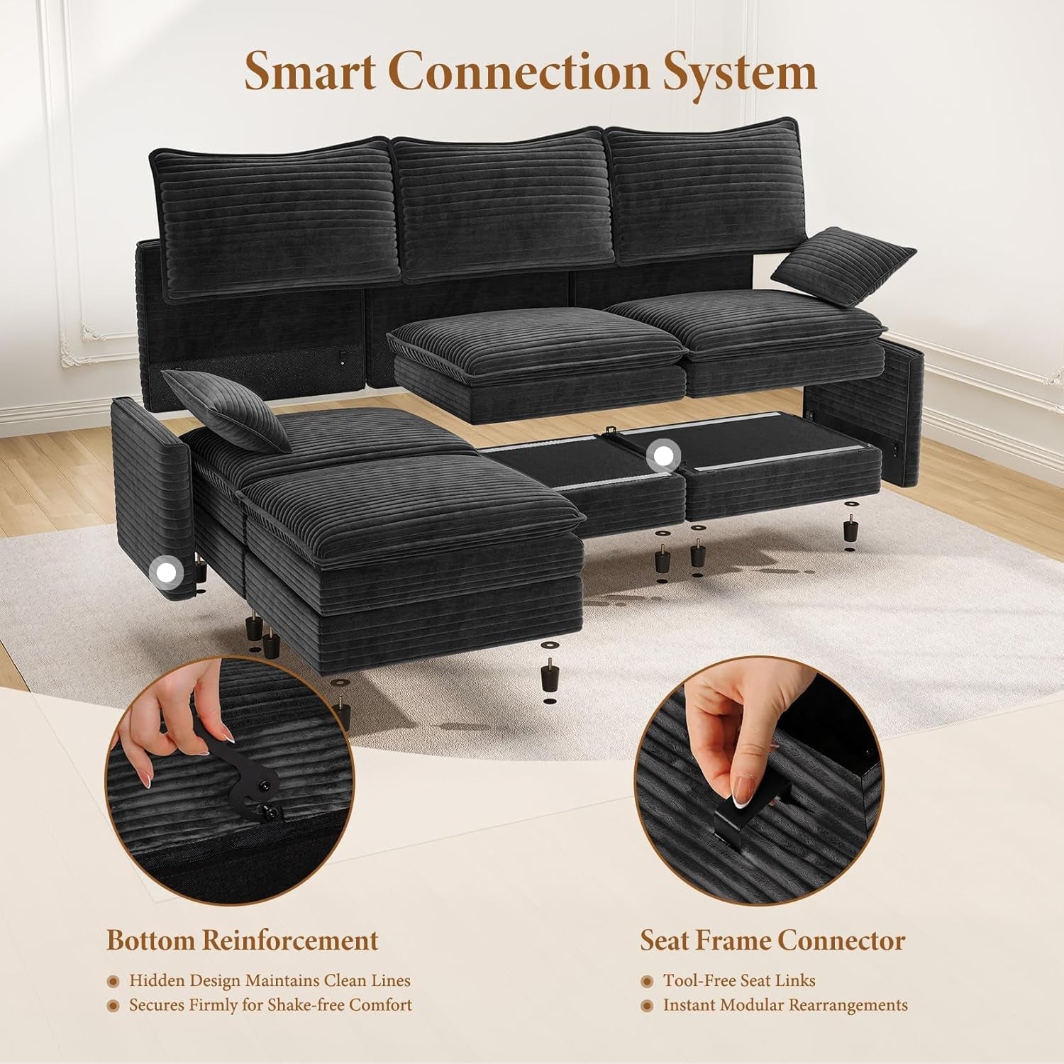 108 Inch Charcoal Gray Modular Sectional Sofa Ottoman-4