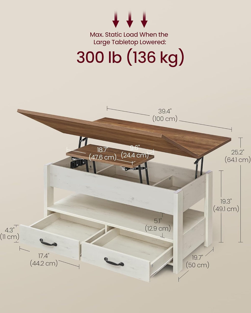 Two Tone Lift Top Coffee Table Concealed Compartments
