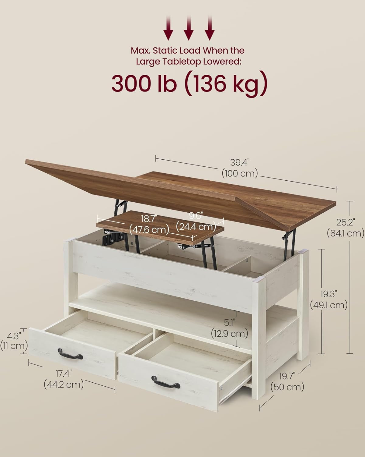 Two Tone Lift Top Coffee Table Concealed Compartments