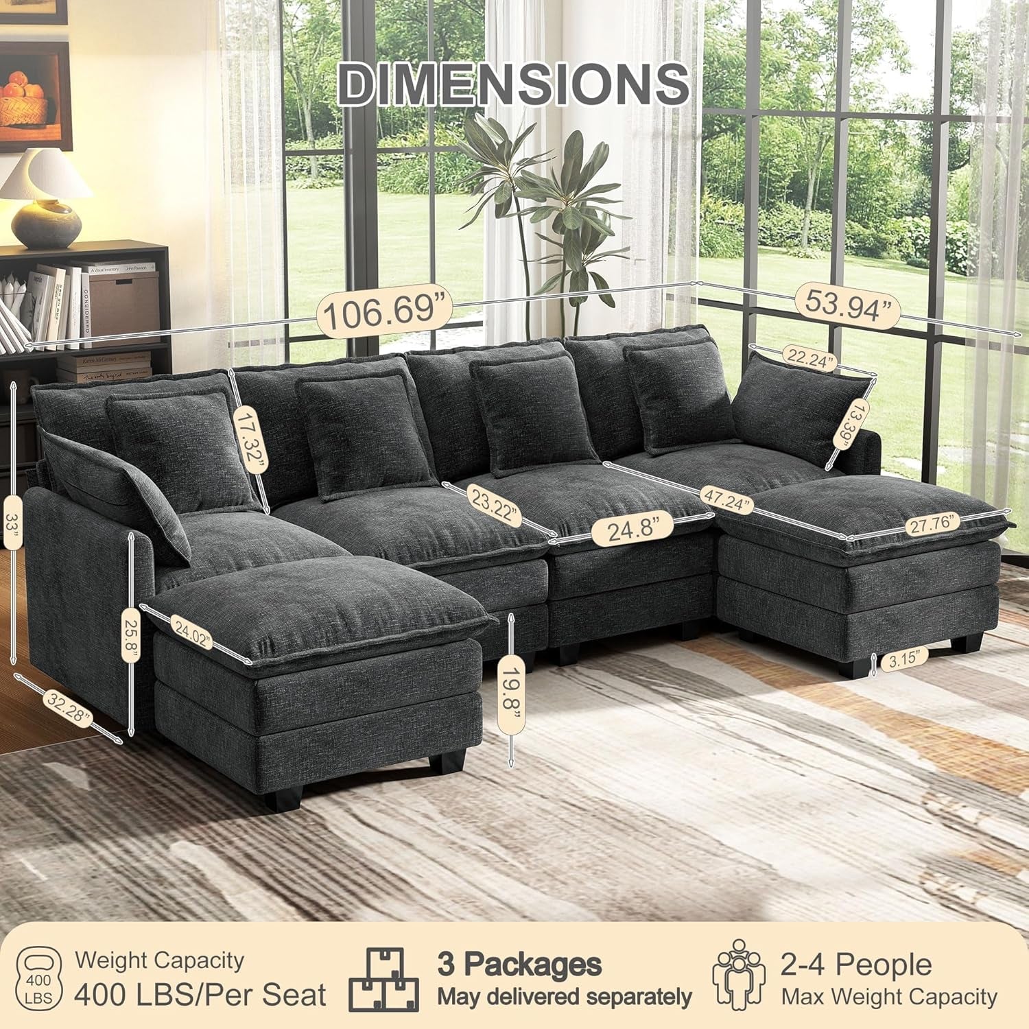 107 Inch Cloud U Shaped Sofa Grey Removable Pillow Covers-1