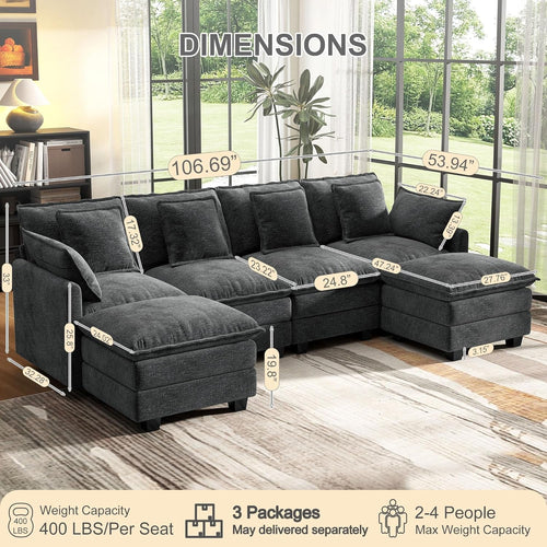 107 Inch Cloud U Shaped Sofa Grey Removable Pillow Covers-1