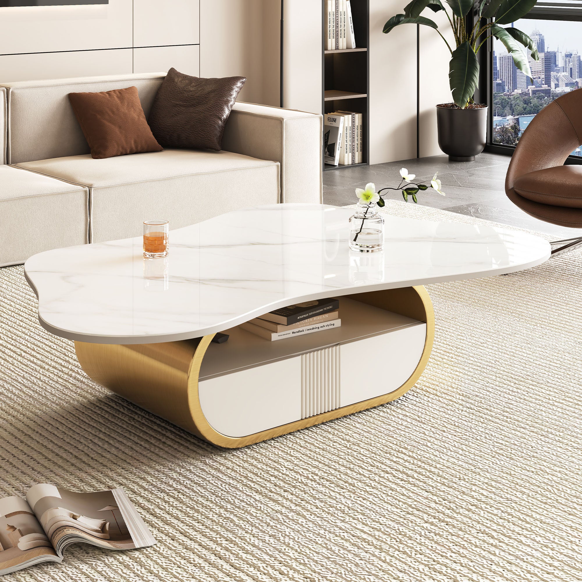 Modern Butterfly Coffee Table with Sintered Stone Top – Oval Center Table with Storage Shelf & Drawer, Stainless Steel Base & MDF Cabinet