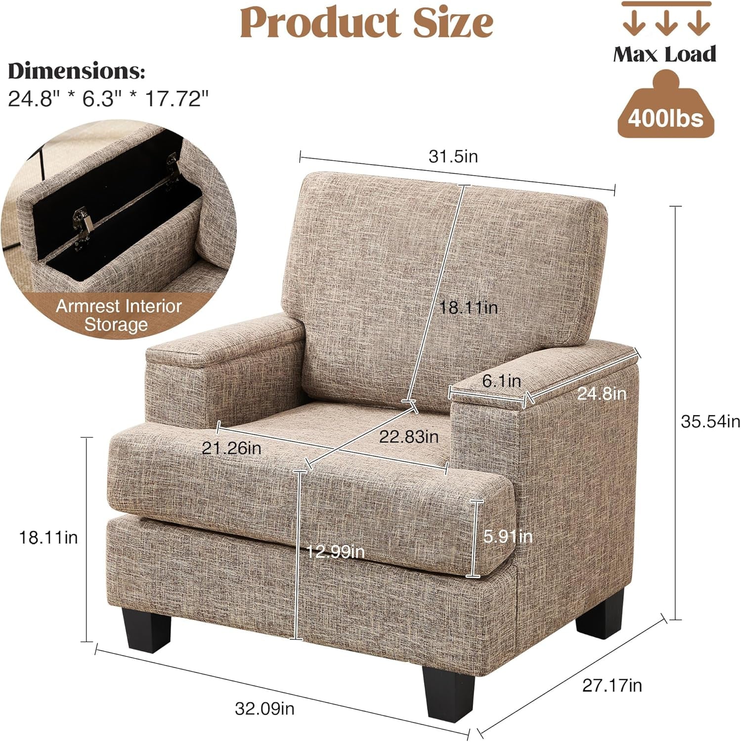 Yellowish Brown Accent Chairs With Armrest Storage