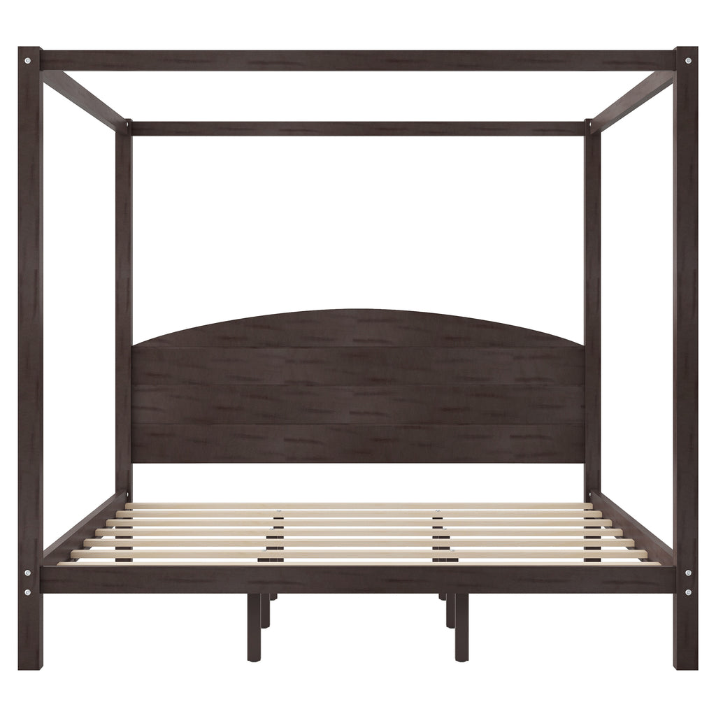 Modern King Size Canopy Platform Bed with Headboard and Support Legs in Brown Wash Finish, Pine Wood Frame