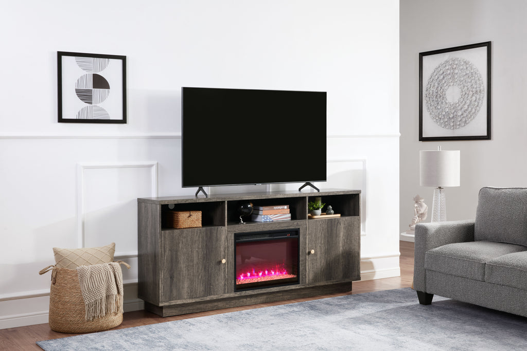 Ambrose 70'W Gray Walnut Finish Fireplace TV Stand Console with Heater, LED Light, Cabinets, Shelves