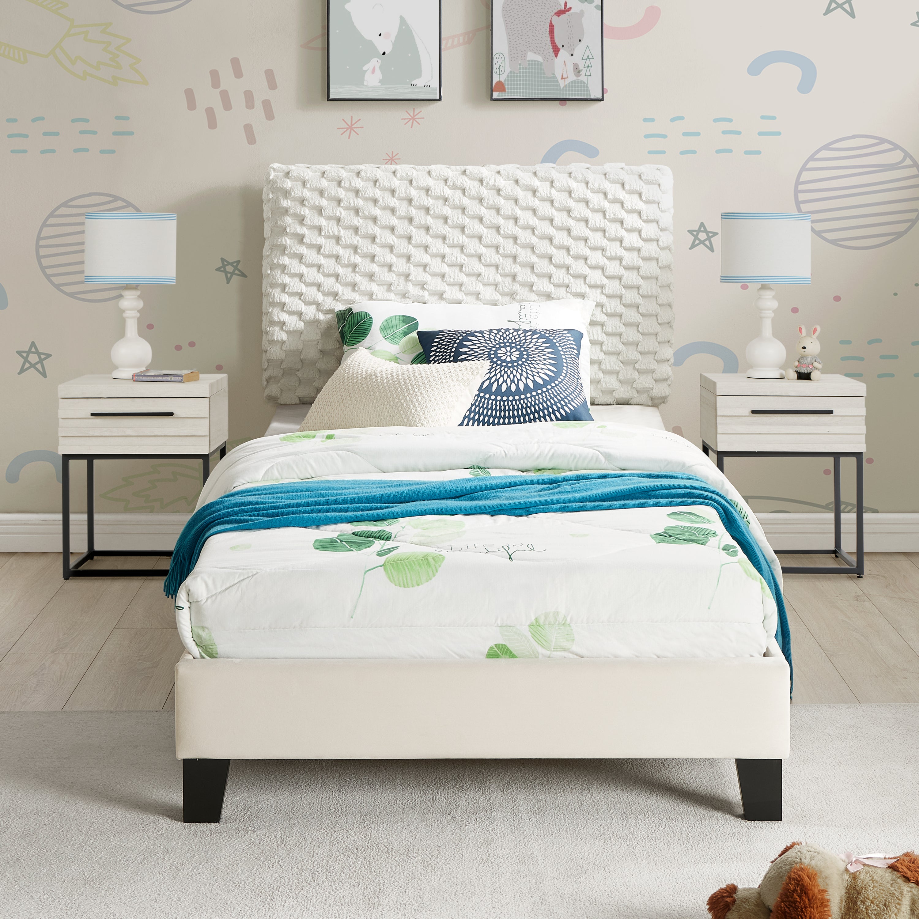 Findlay 3-Piece Bedroom Set, Plush 3D Upholstered Bed with Two Nightstands
