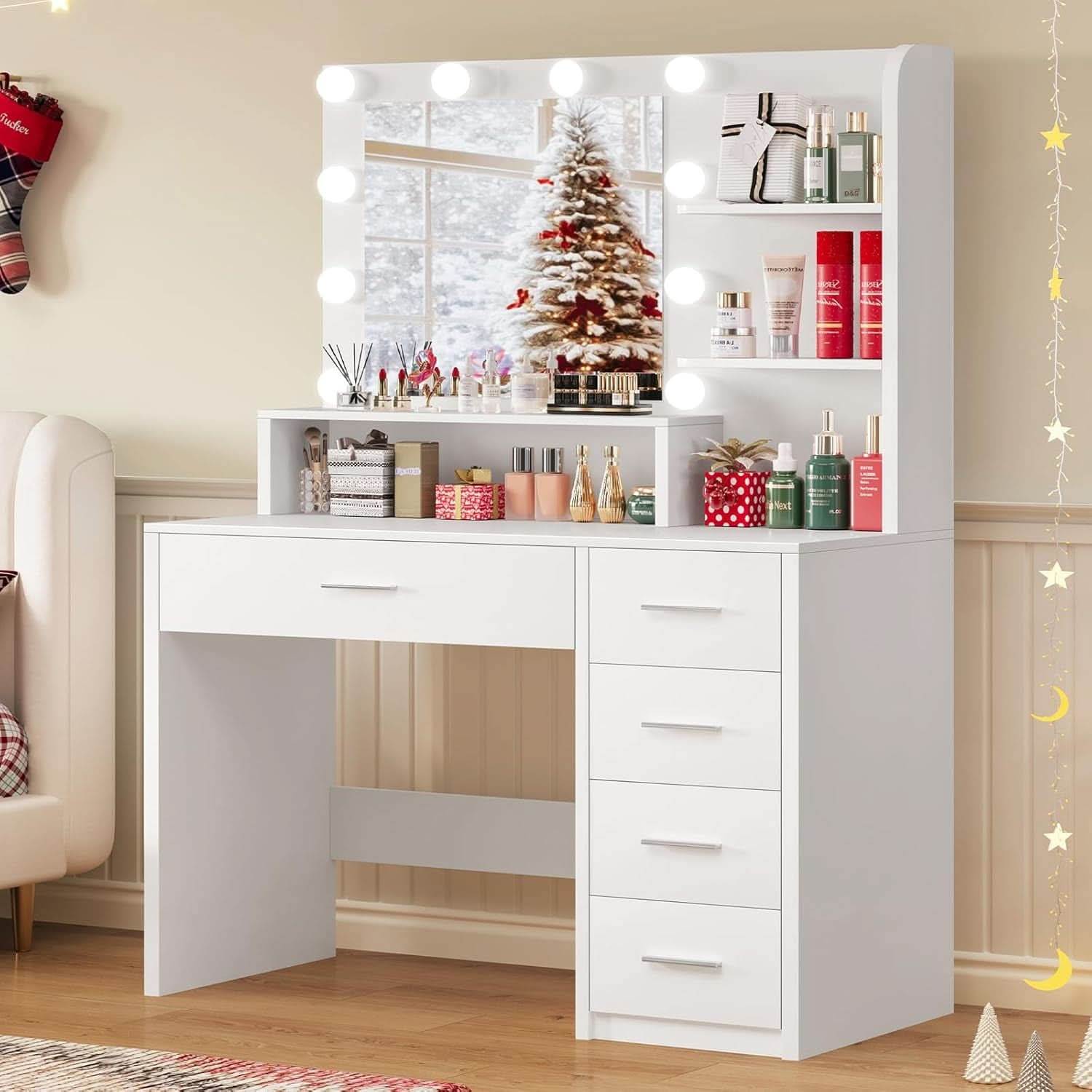 White Mirrored Vanity Desk With Illuminated Lights-2