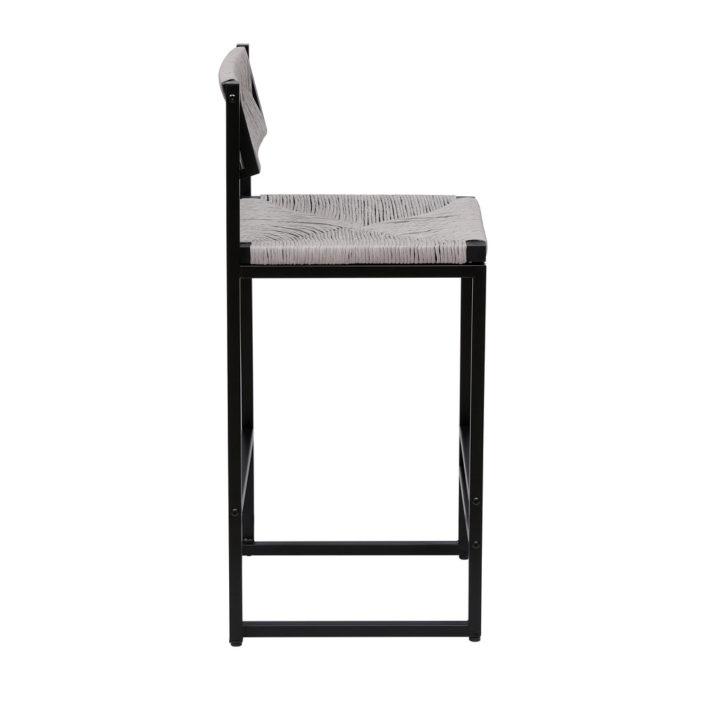 Gray Set of 2 Hand Weave Bar Stools with Back Counter Height Bar Chairs Paper Rope Woven Dining Stool