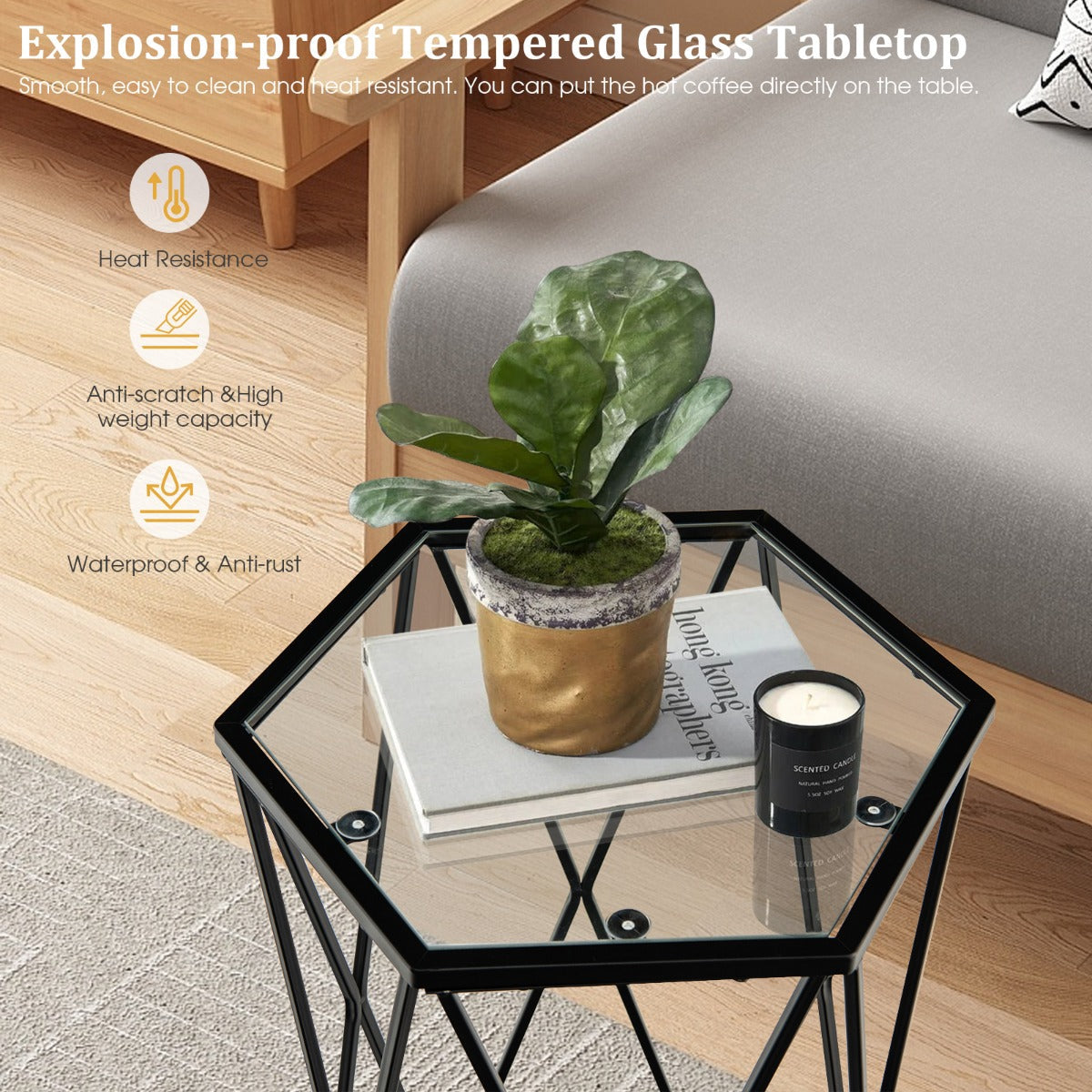 NNECW Compact Coffee Table with Tempered Glass Top for Living Room/Bedroom