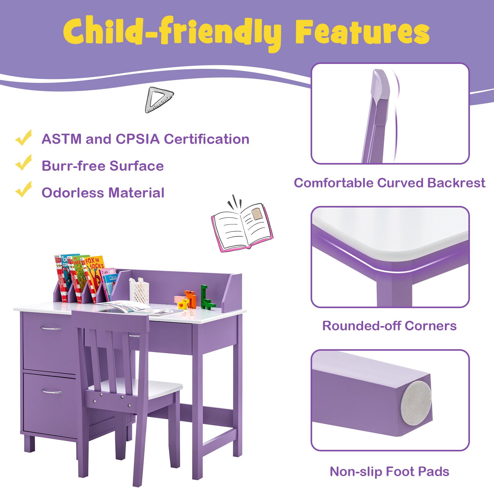 NNECW Kids Learning Desk &amp;amp; Chair Set  for Bedroom &amp;amp; Study Room-Purple