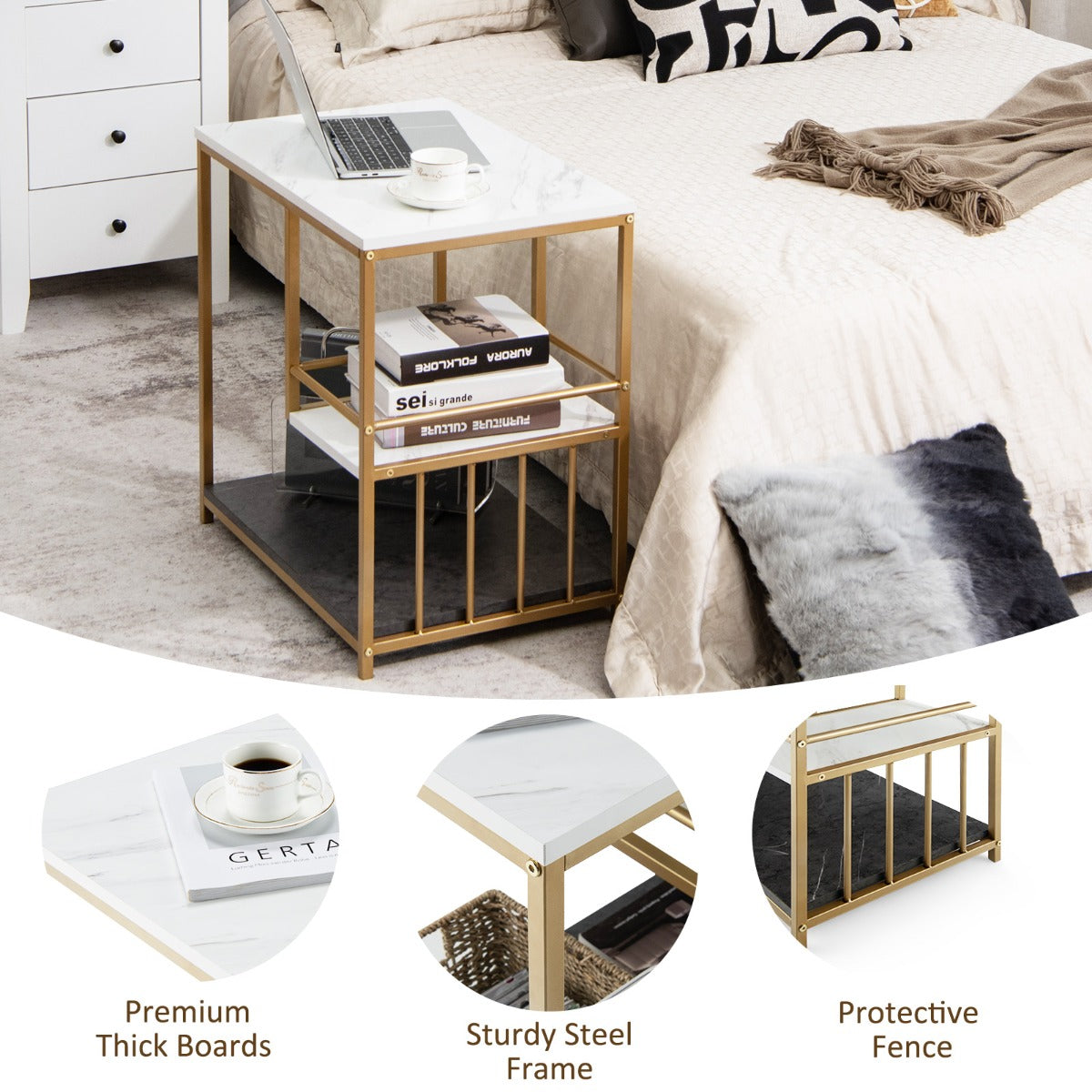 NNECW Modern 3-Tier Side Table with Storage for Living Room & Bedroom