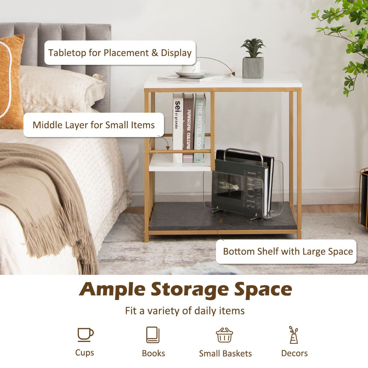 NNECW Modern 3-Tier Side Table with Storage for Living Room & Bedroom