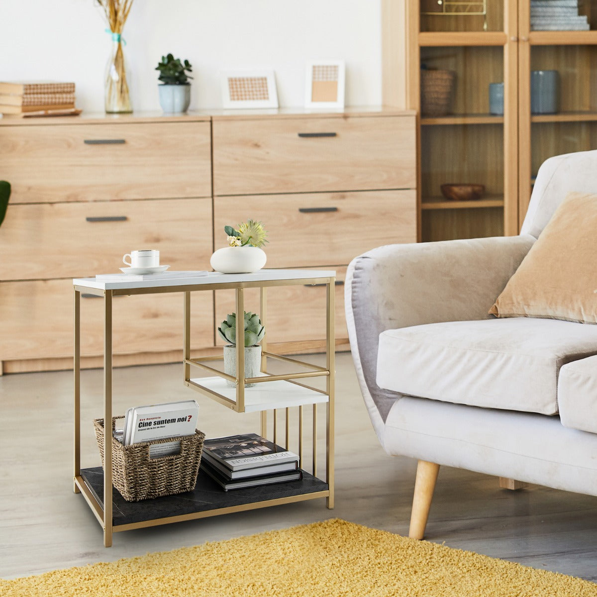 NNECW Modern 3-Tier Side Table with Storage for Living Room & Bedroom