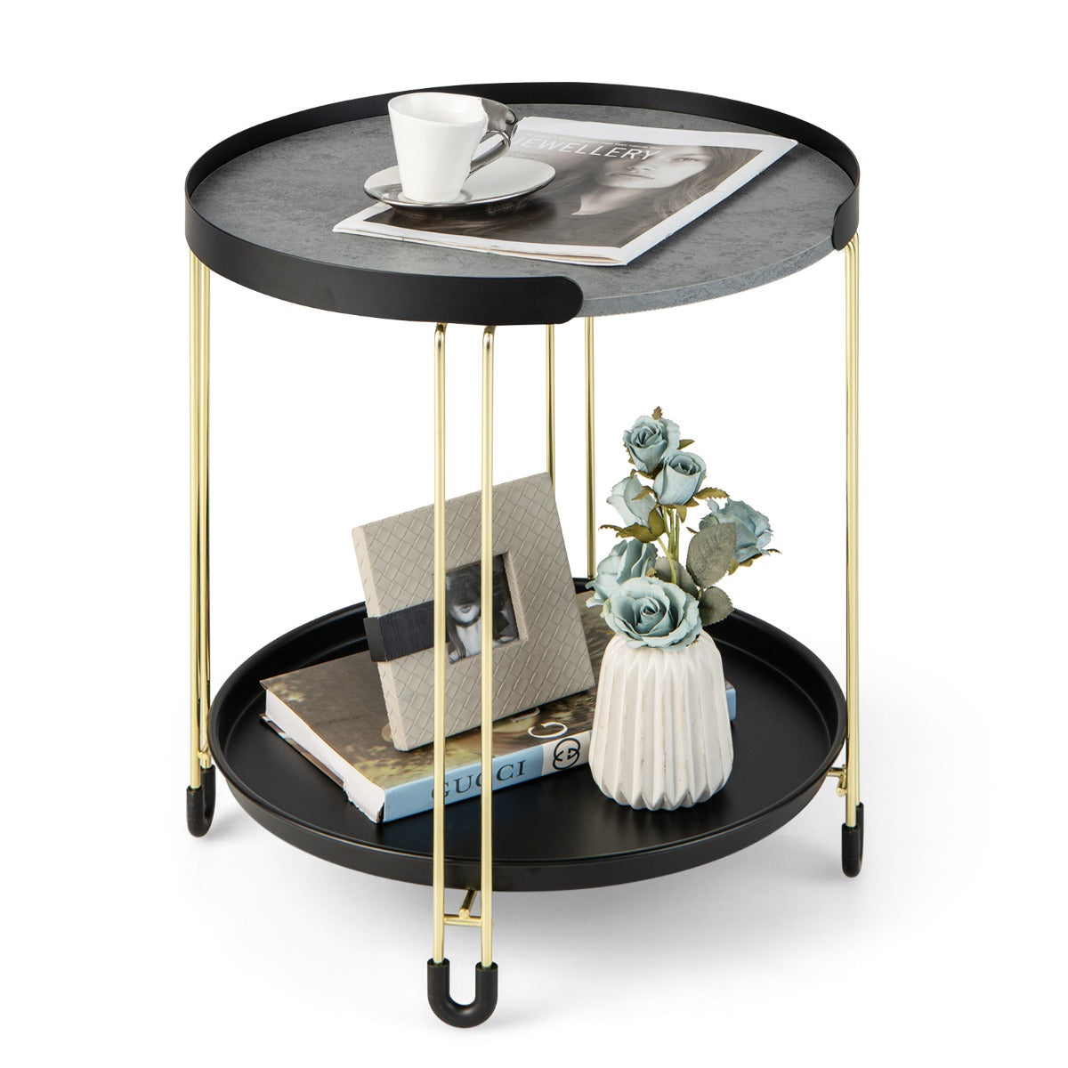 NNECW 2-Tier Round Side Table with Removable Tray for Living Room Bedroom