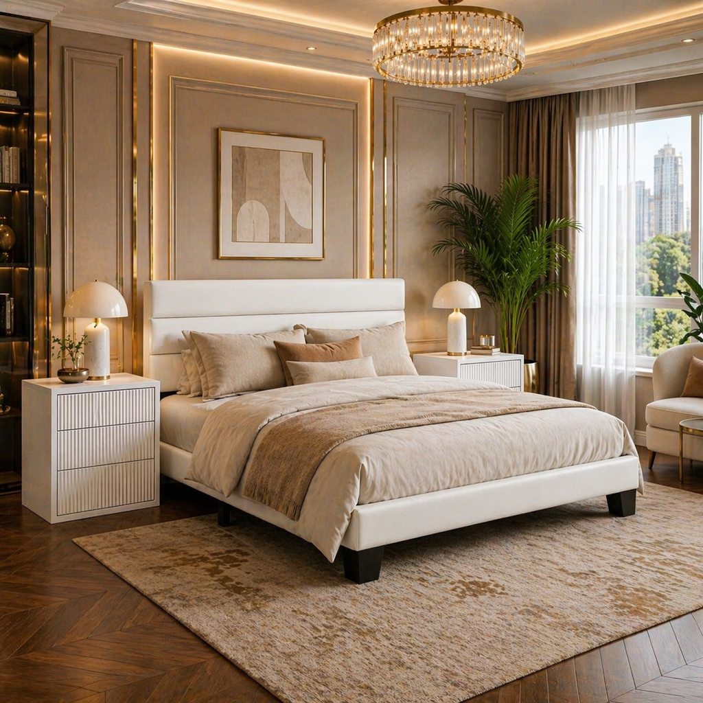 King Bedroom Set with Velvet Upholstered Platform Bed Frame & 2 White Fluted 3-Drawer Nightstands-2
