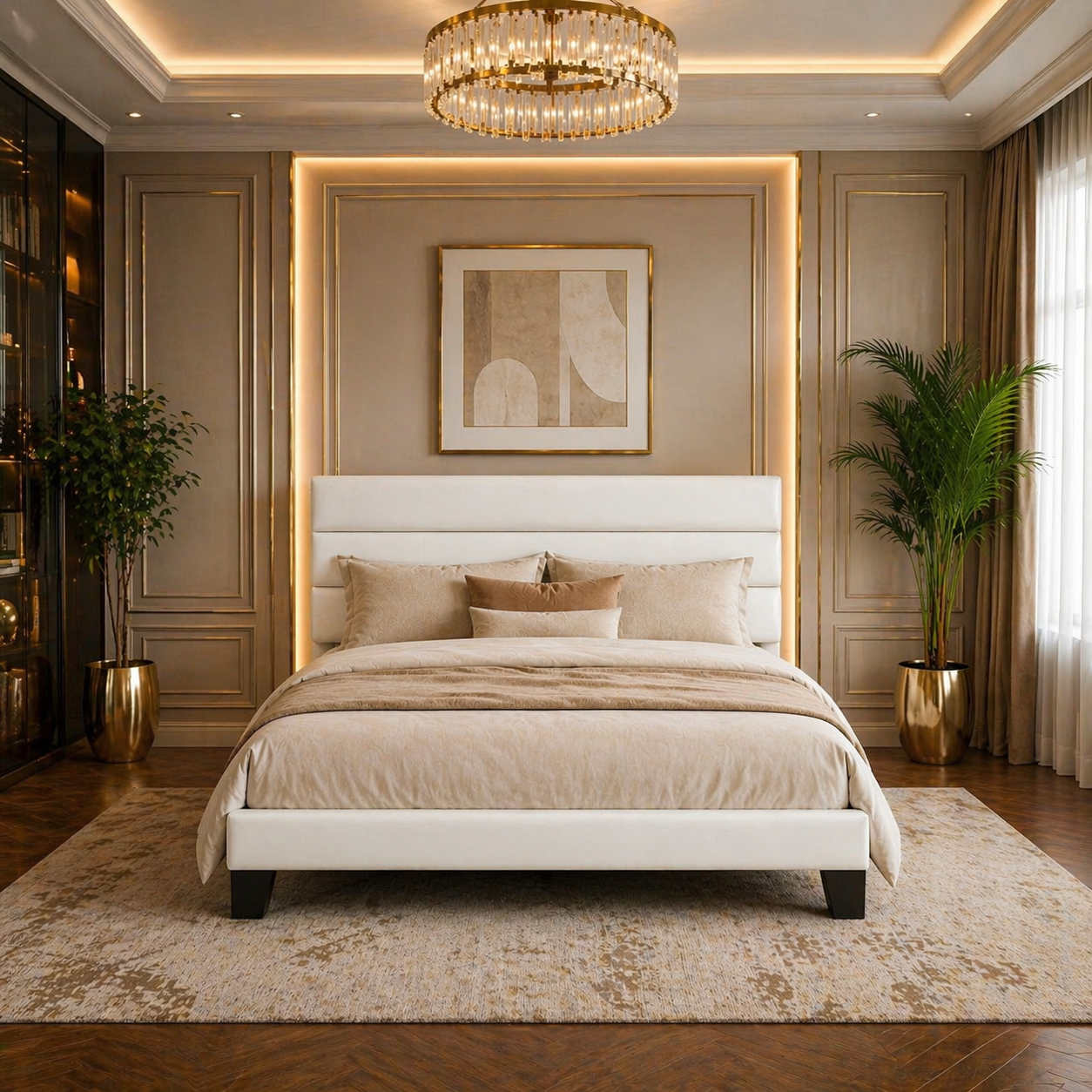 King Bedroom Set with Velvet Upholstered Platform Bed Frame & 2 White Fluted 3-Drawer Nightstands-3